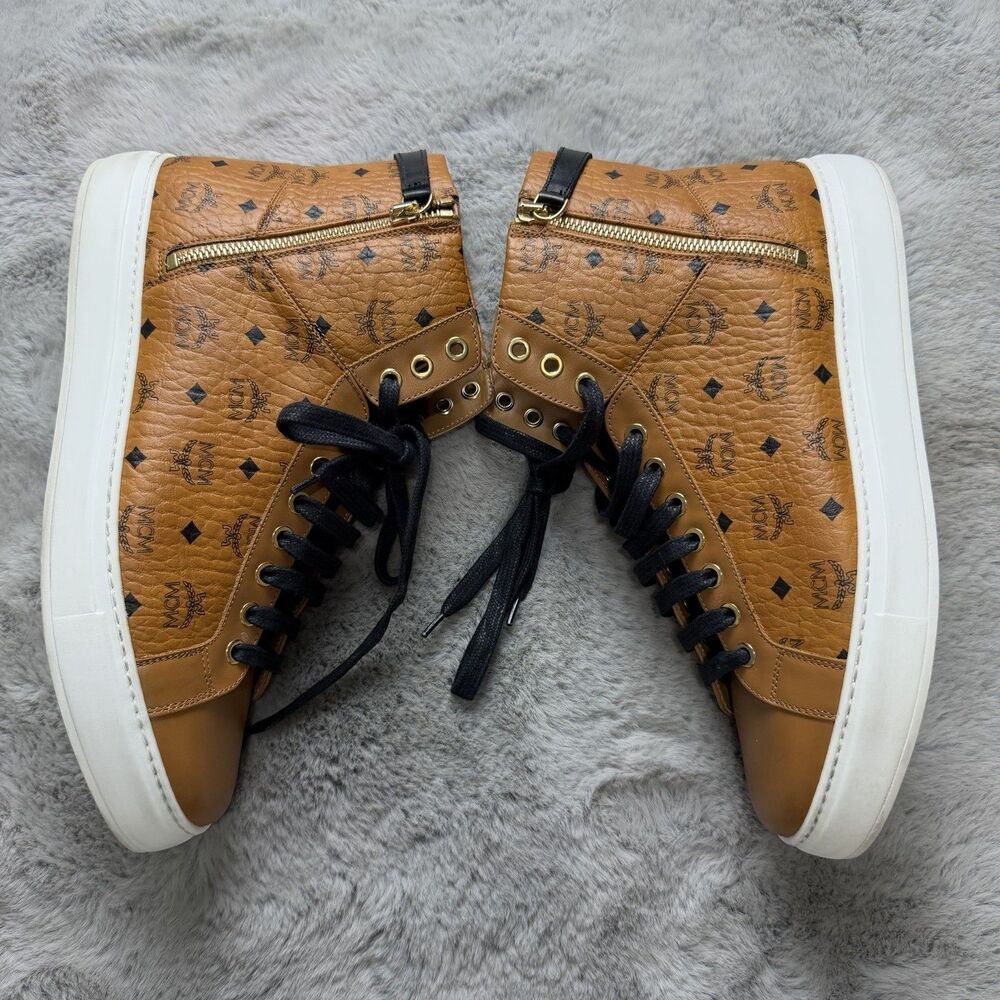 MCM High Top Brown Monogram Sneaker Men Size 43 Brown Leather Authentic